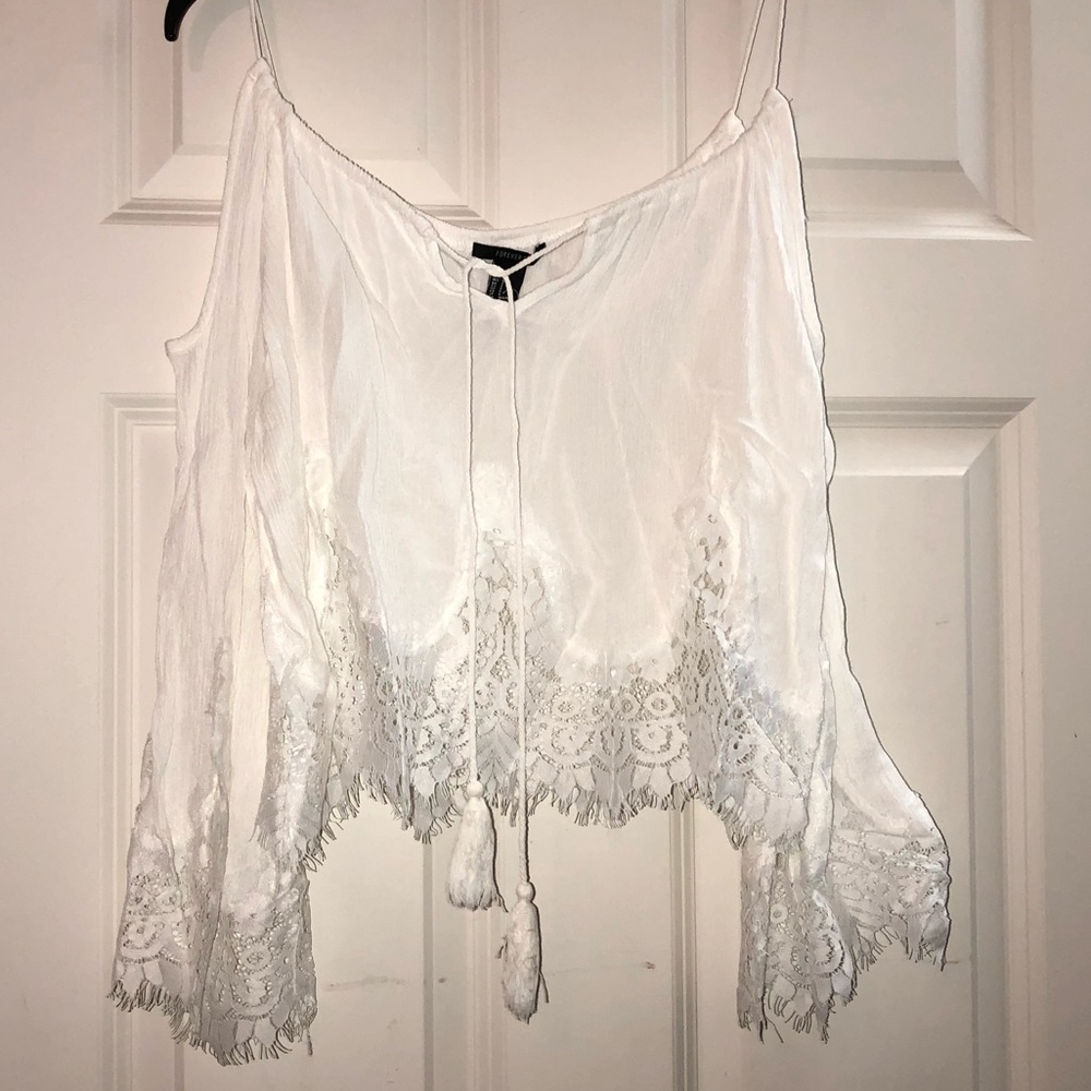 Cold shoulder white lace top